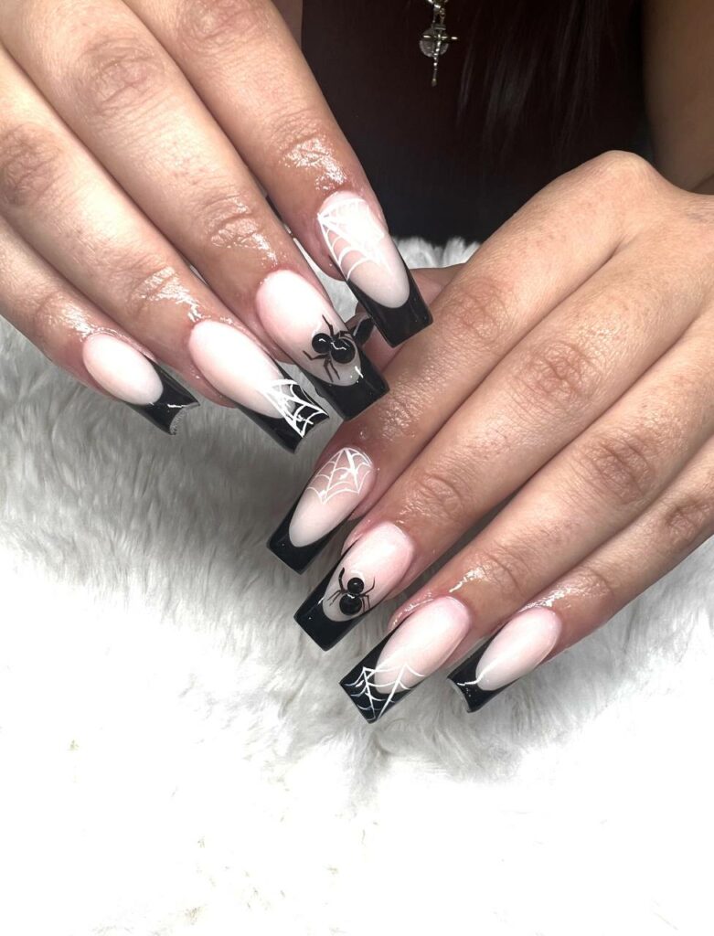 Black French tip Gel X Halloween nails with 3D nail art